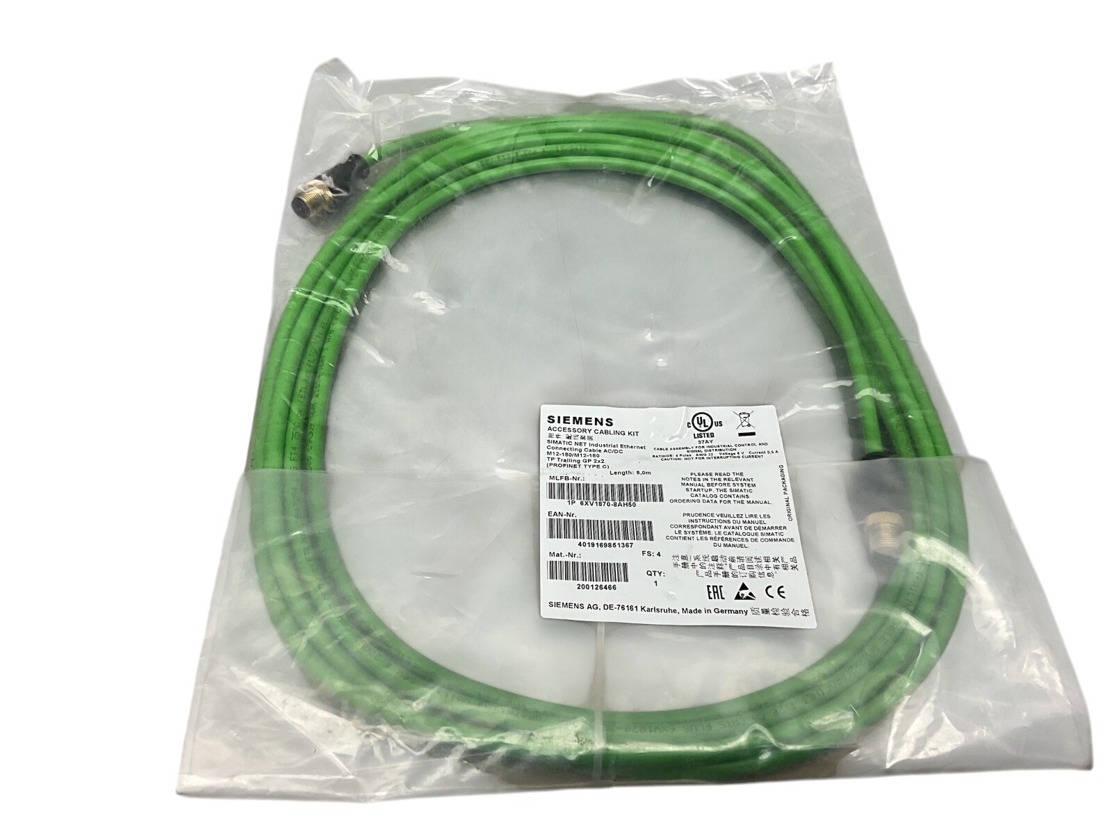 Siemens 6XV1870-8AH50 Connecting Cable AC/DC general purpose M12-180 200126466