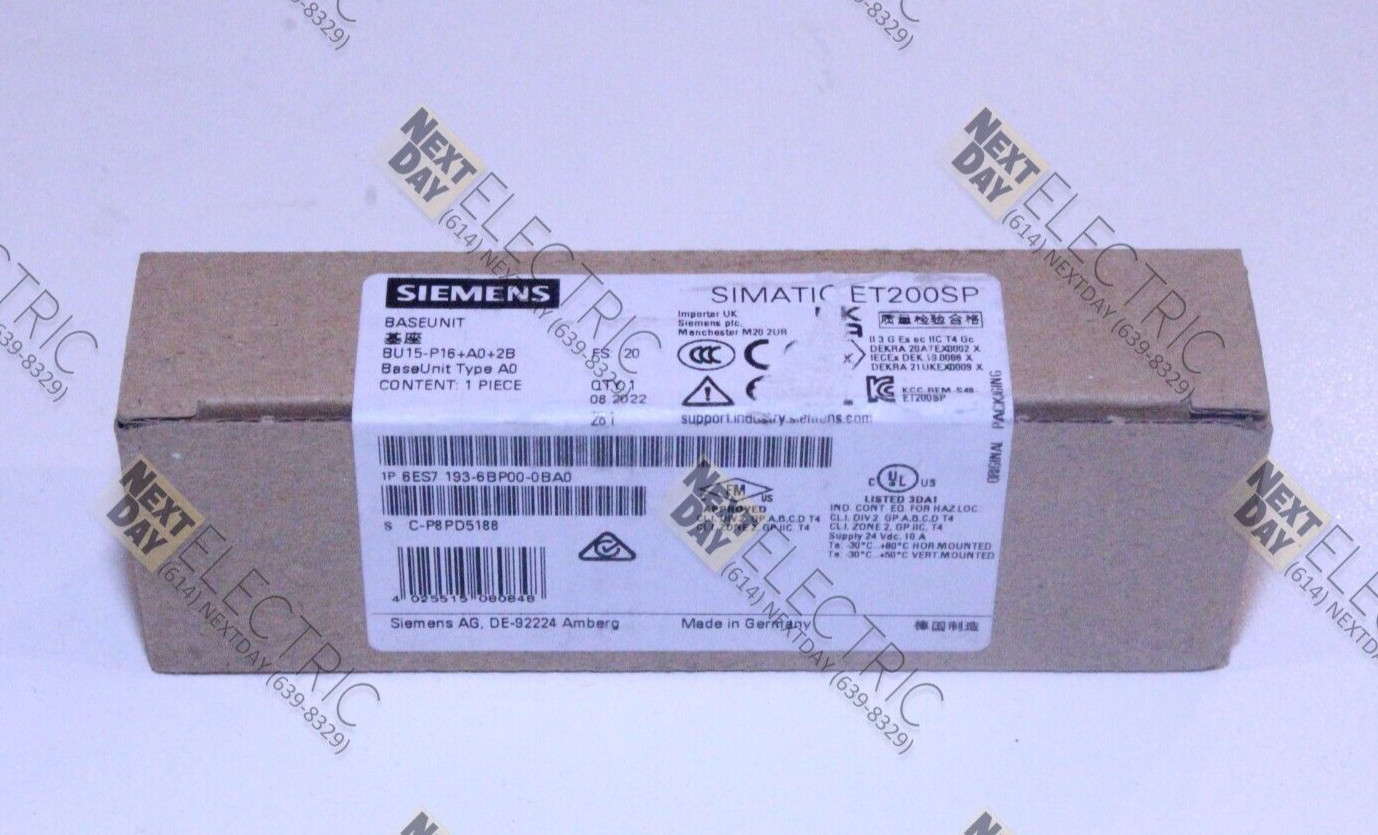 Siemens, 6ES7 193-6BP00-0BA0, Base Unit Din Mount Simatic ET200SP PLC I/O Card