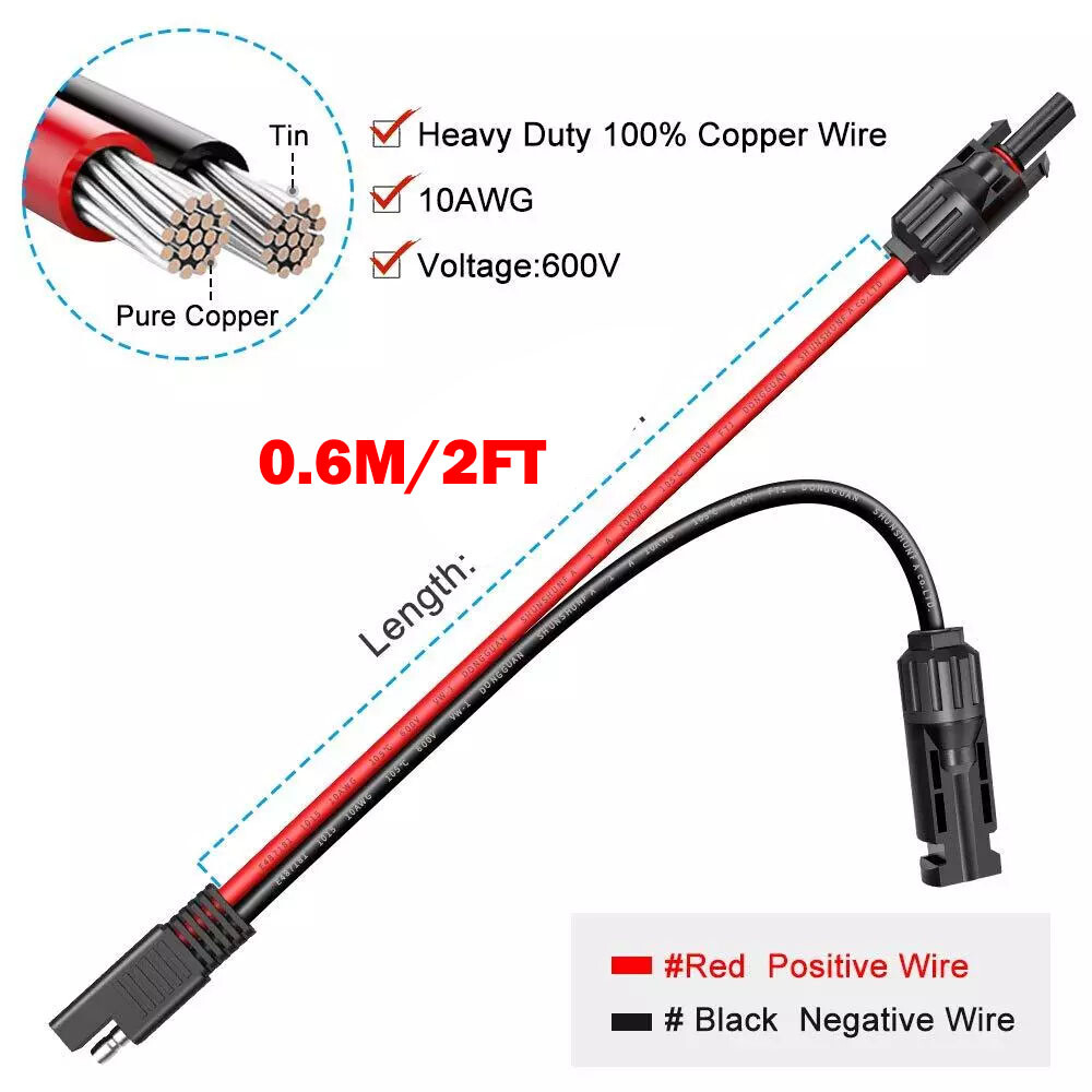 2x Solar Panel Extension Cable 2FT 10AWG, SAE to SAE Polarity Reverse Adapter