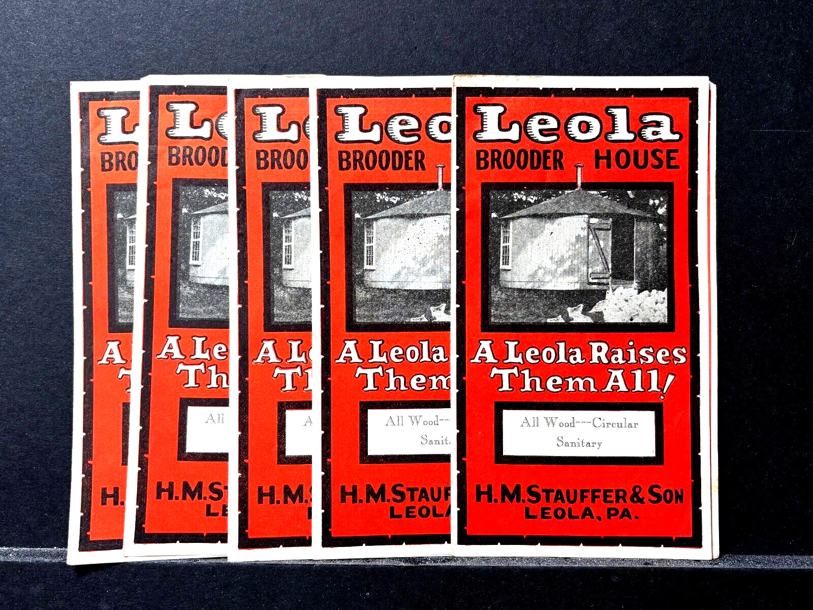 Lot of 5 - 1920s / 1930S Leola, Pennsylvania,  Poultry Brooder House Brochures
