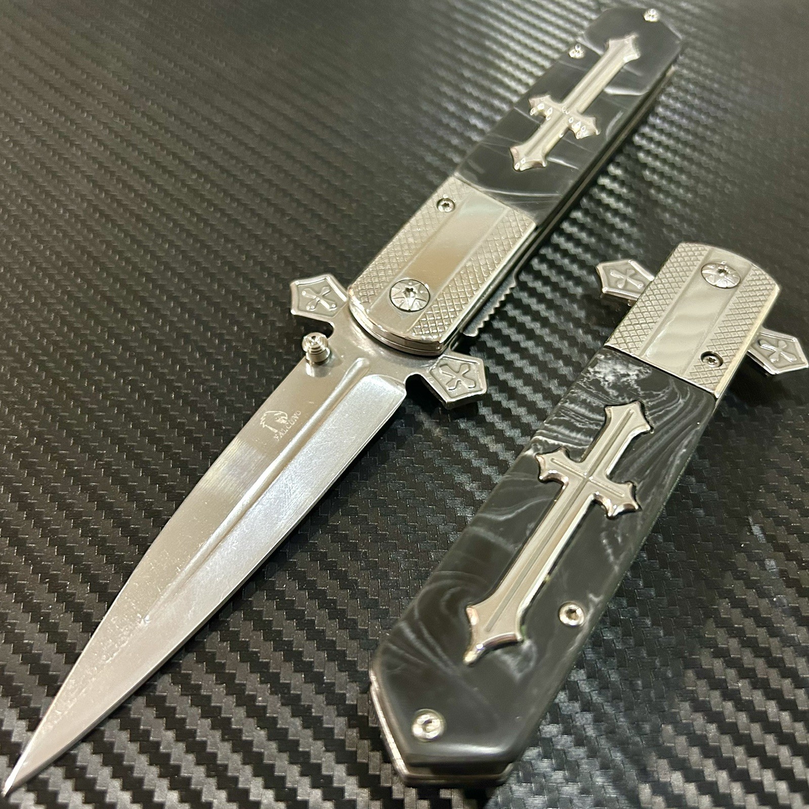 9” Silver Black Cross Tactical Spring Assisted Folding Pocket Knife Girl’s Knife