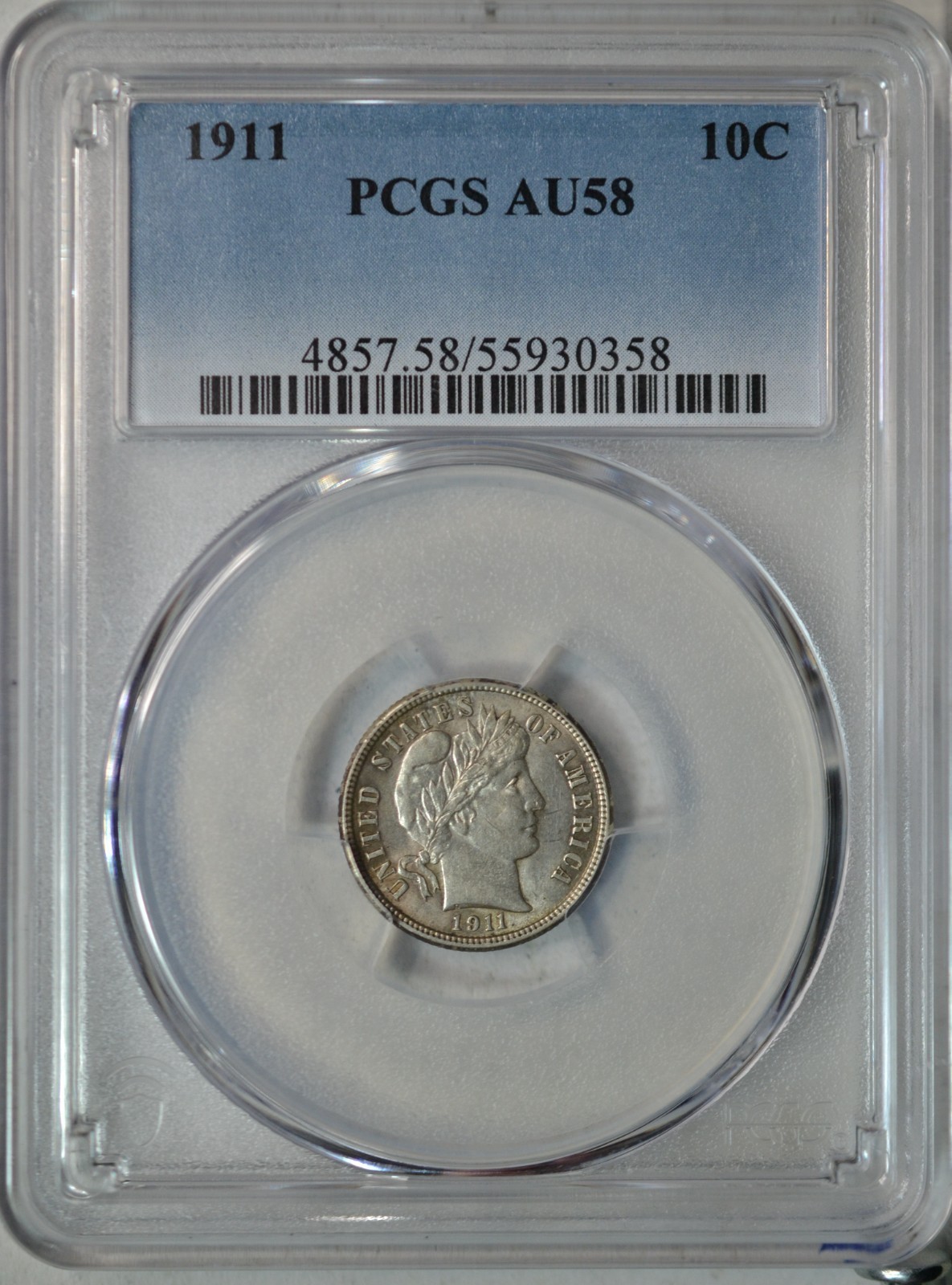 1911 Barber dime, PCGS AU 58