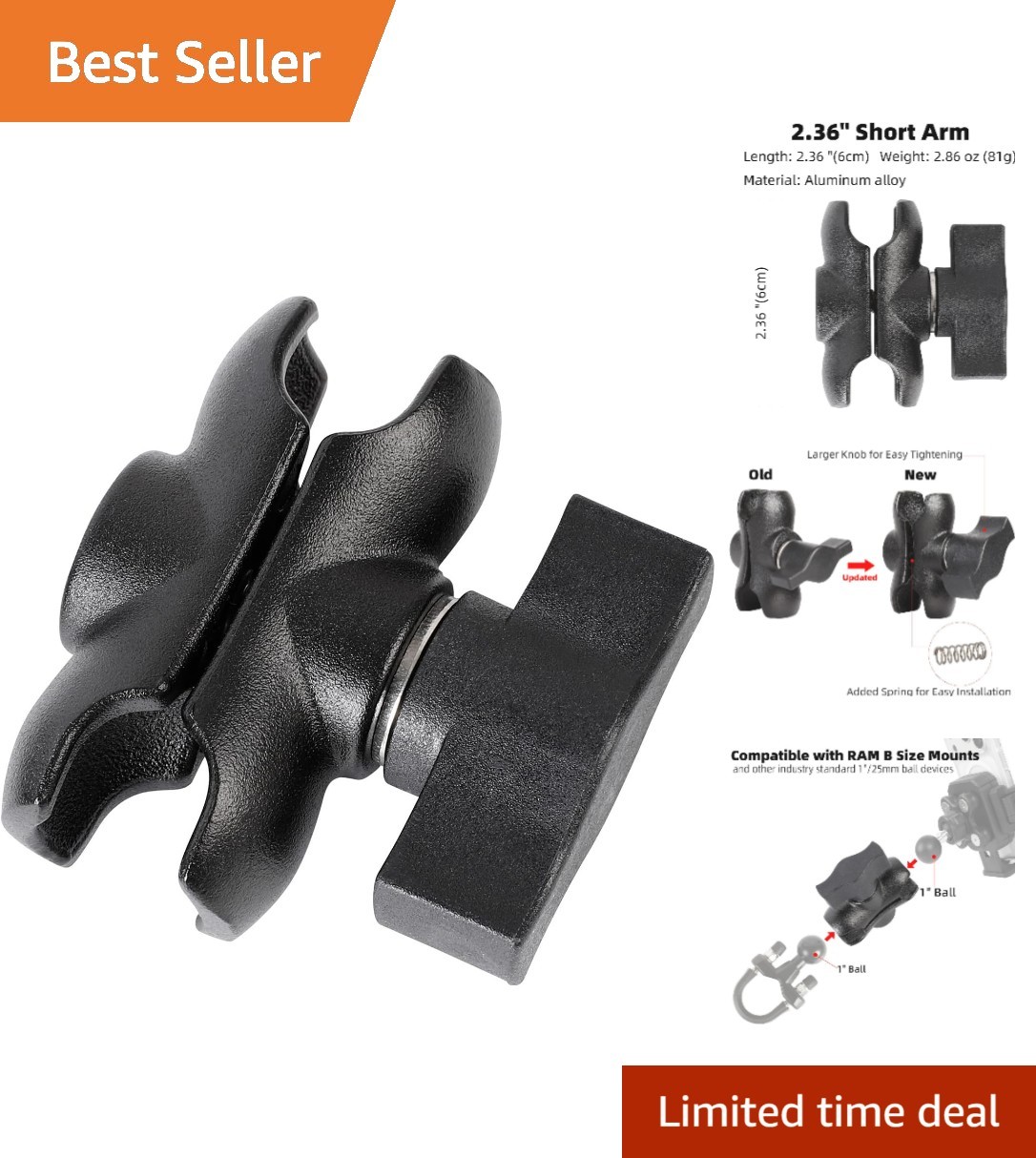 Aluminum Alloy Double Socket Arm Compatible with RAM Mounts B Size 1" Ball Co...