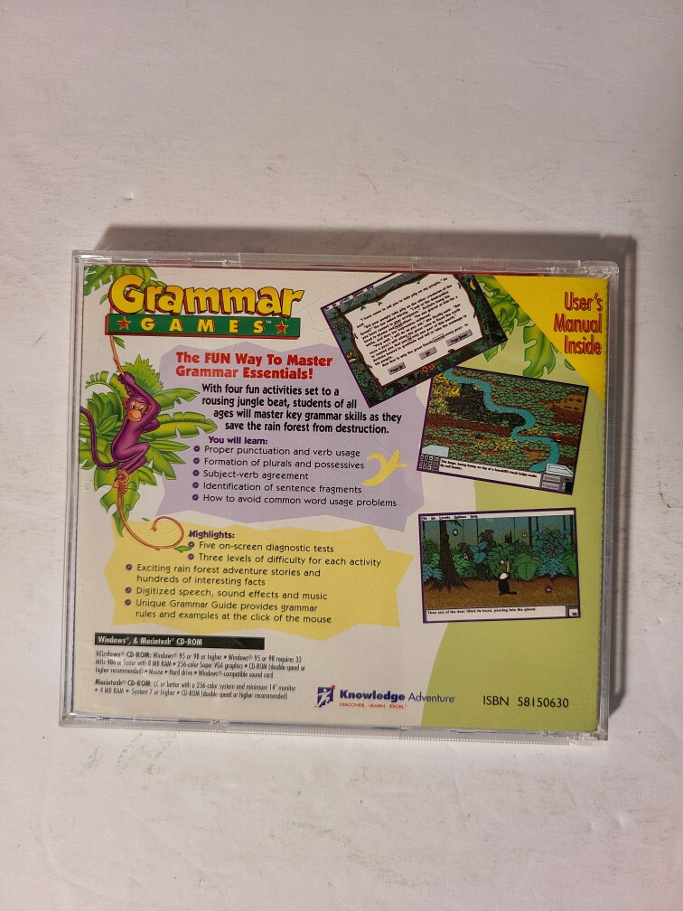 Scholastic Knowledge Adventure Grammar Games CD ROM Discover Learn Excel Ages 9+
