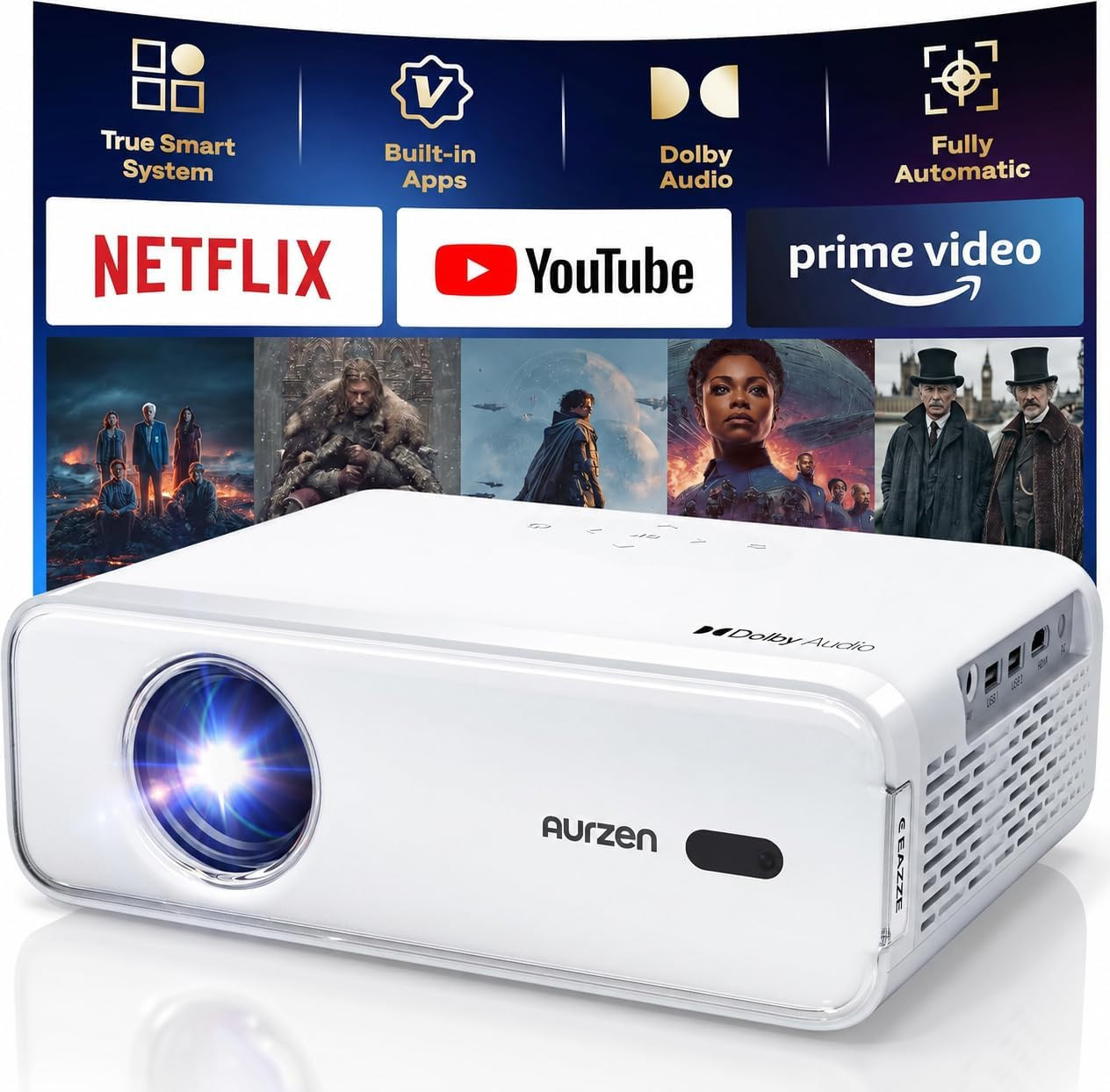 Aurzen EAZZE D1 Smart Projector with WiFi and Bluetooth, Built-in APP, Auto Focu