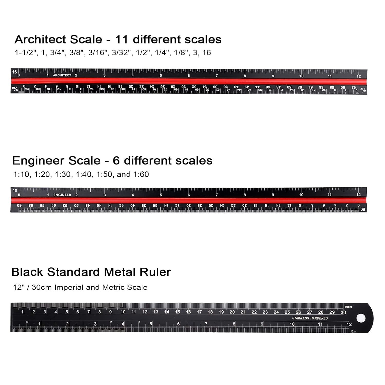 OwnMy 3 Pack 12 Inch Solid Aluminum Triangular Architect Black, Green, Red