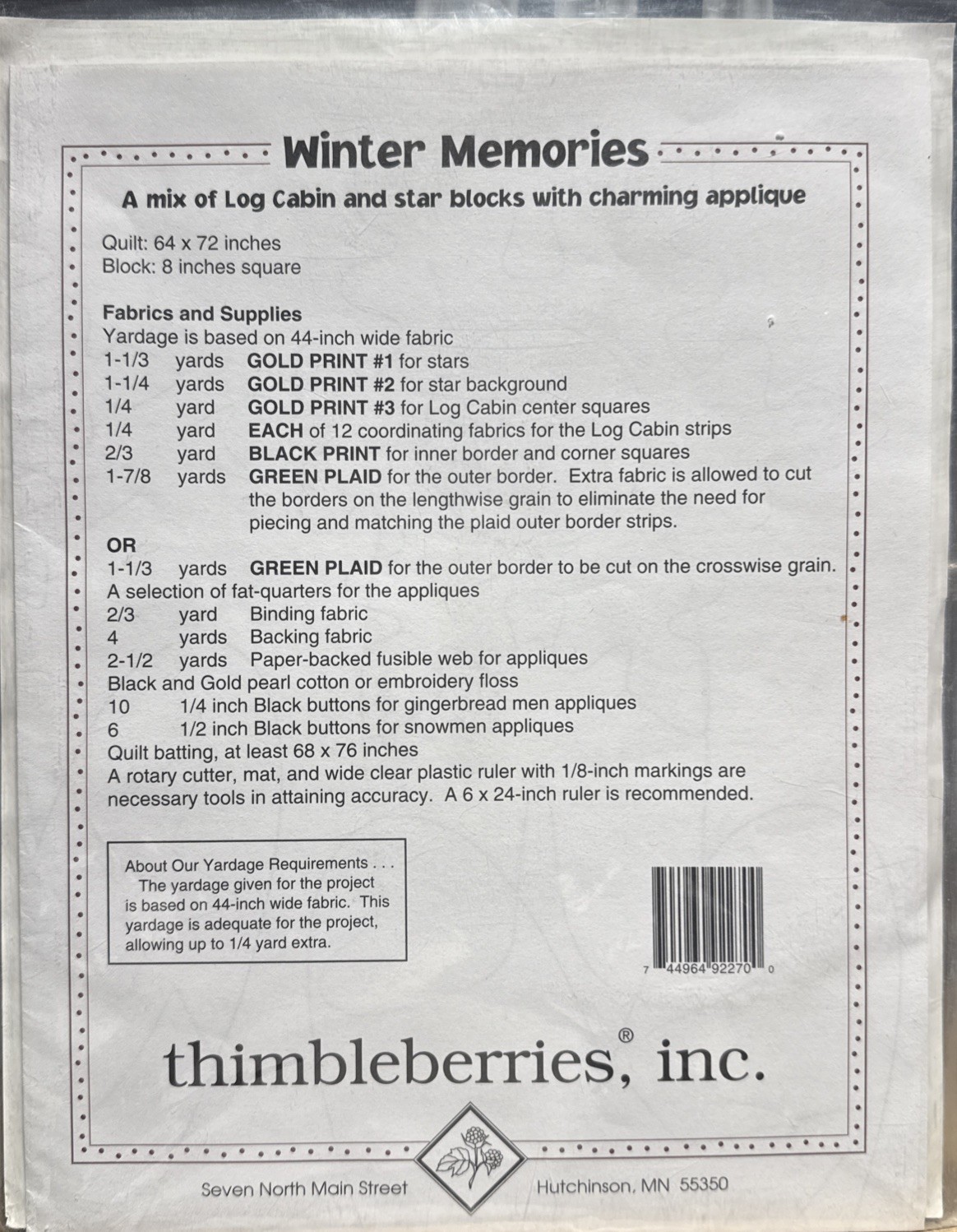 WINTER MEMORIES Quilt Pattern, Piecing/Applique, by Thimbleberries 64x72"