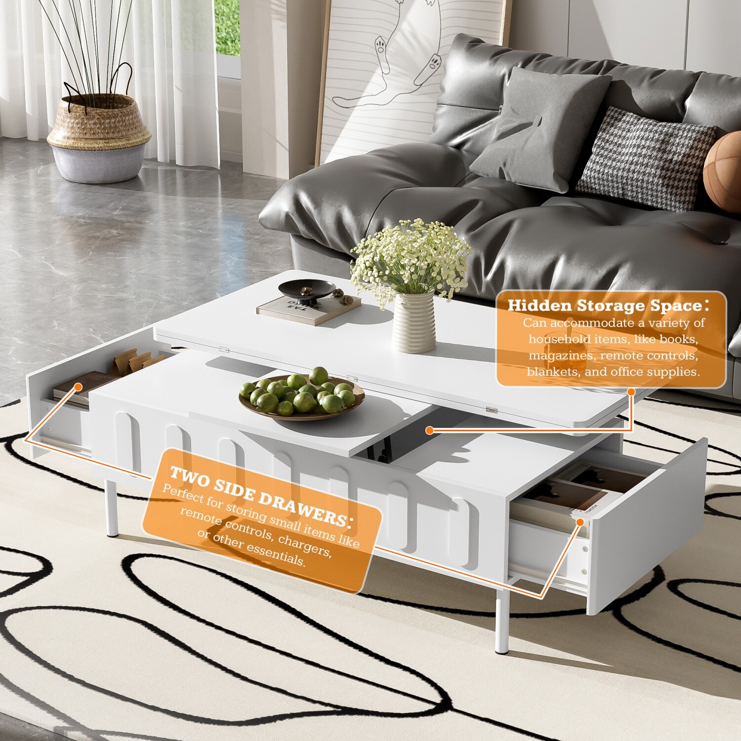 Modern Lift Top Coffee Table Center Cocktail Table with Foldable Top & 2 Drawers