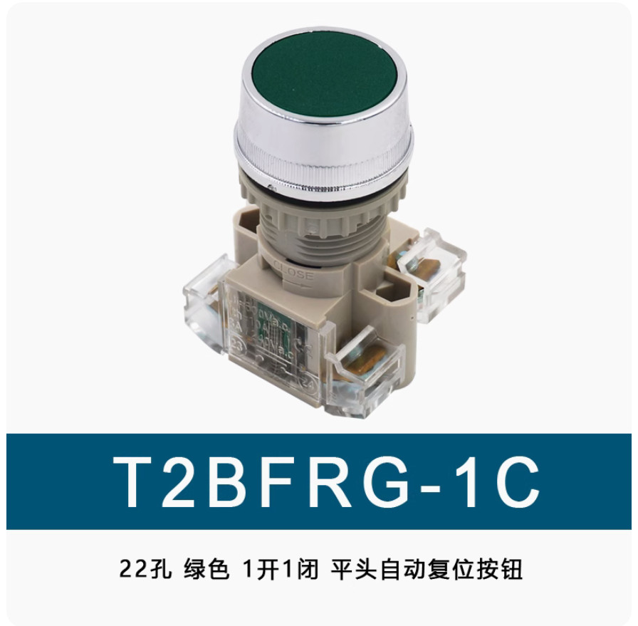 1PC NEW tend Flat head self-reset button switch T2BFRG-1C green 22mm 1NO1NC #LL