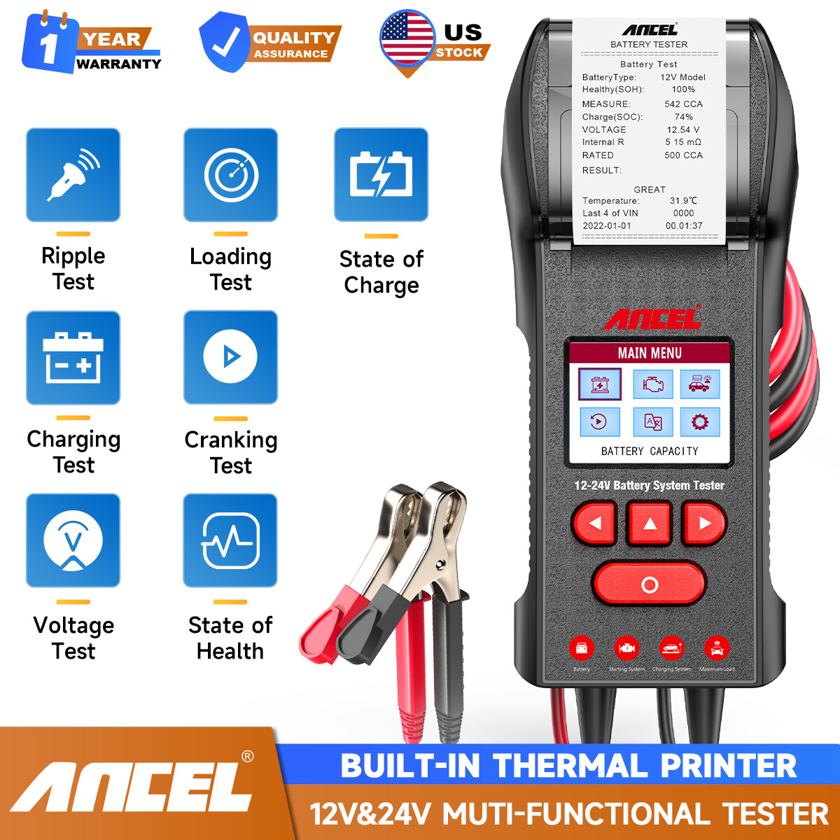 ANCEL BST600 Battery Tester Analyzer with Built-in Printer 12V&24V For Truck US