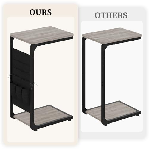 Narrow C-Shaped End Table with Storage Bag, Small Couch Side Table, 1 Greige