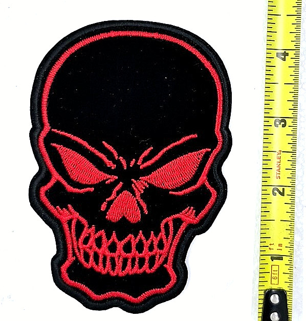 Red & Black Evil Skull Iron On Embroidered Patch 3" X 4 1/4"