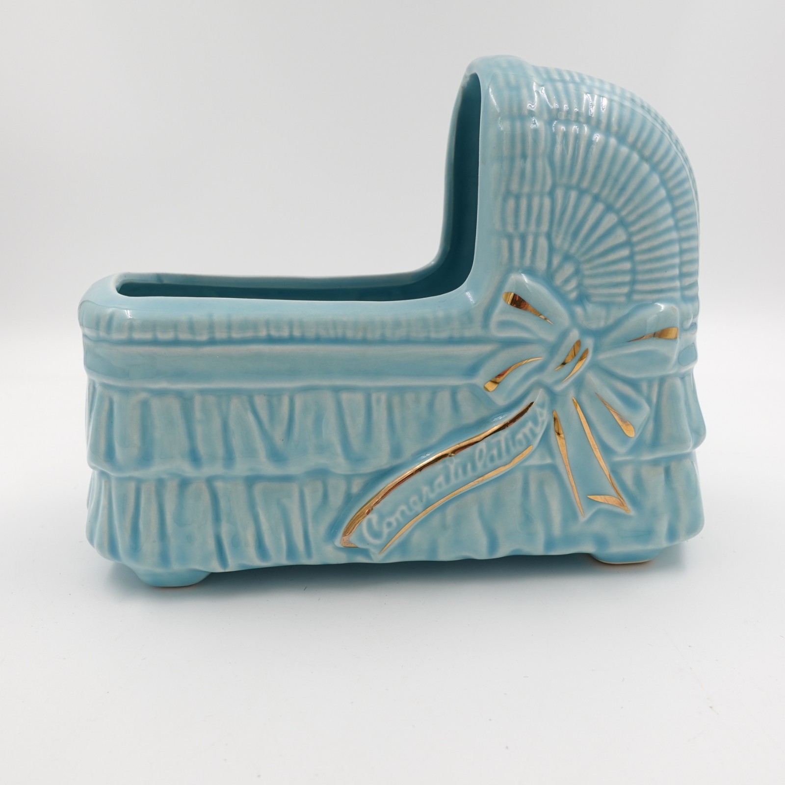 Baby Gift Bassinet Planter Vintage Congratulations Nursery Decor Blue USA 208 8"