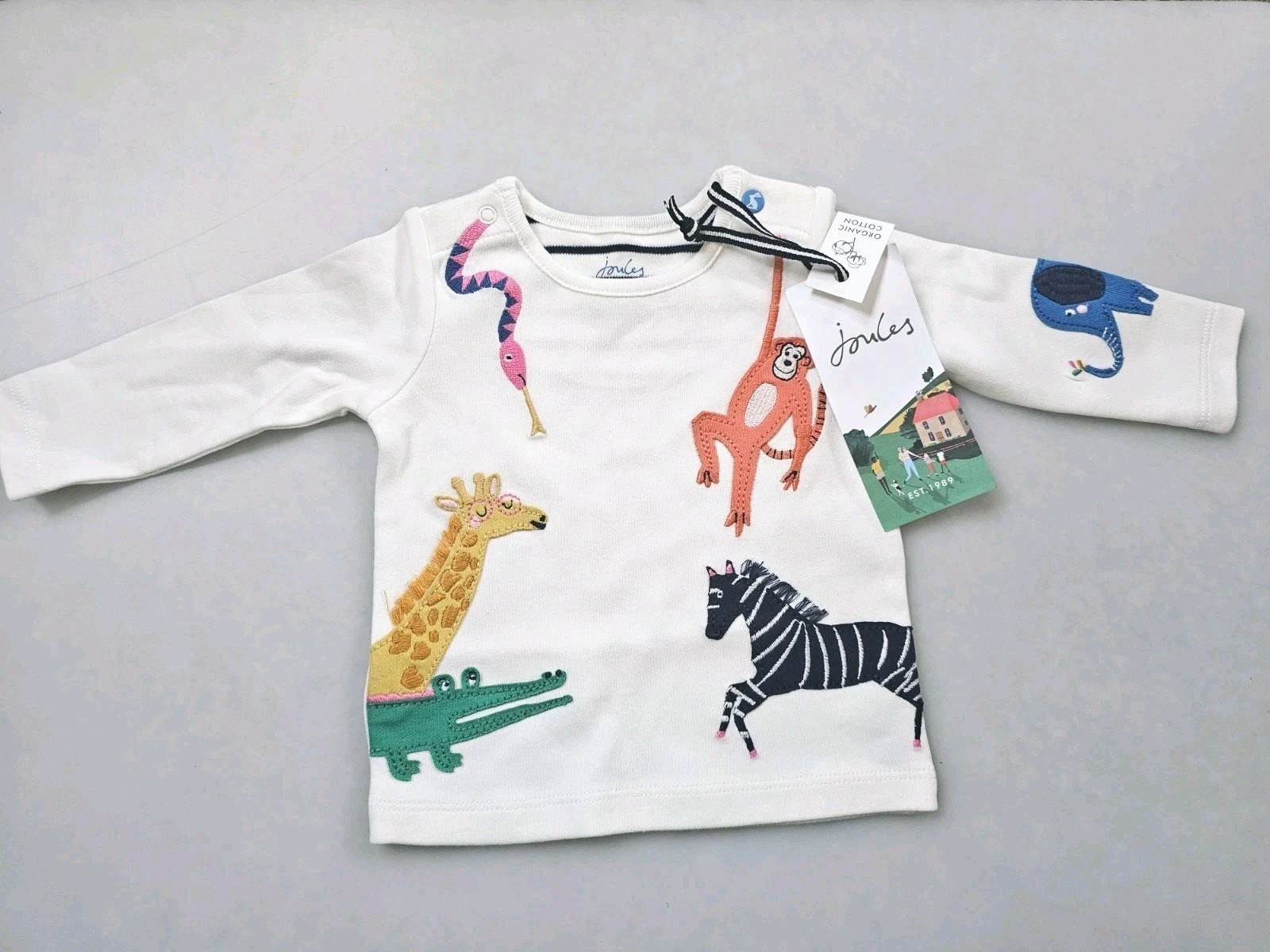 Joules Newborn Baby Top Long Sleeves Up To 10lb Embroidered Applique Zoo BNWT