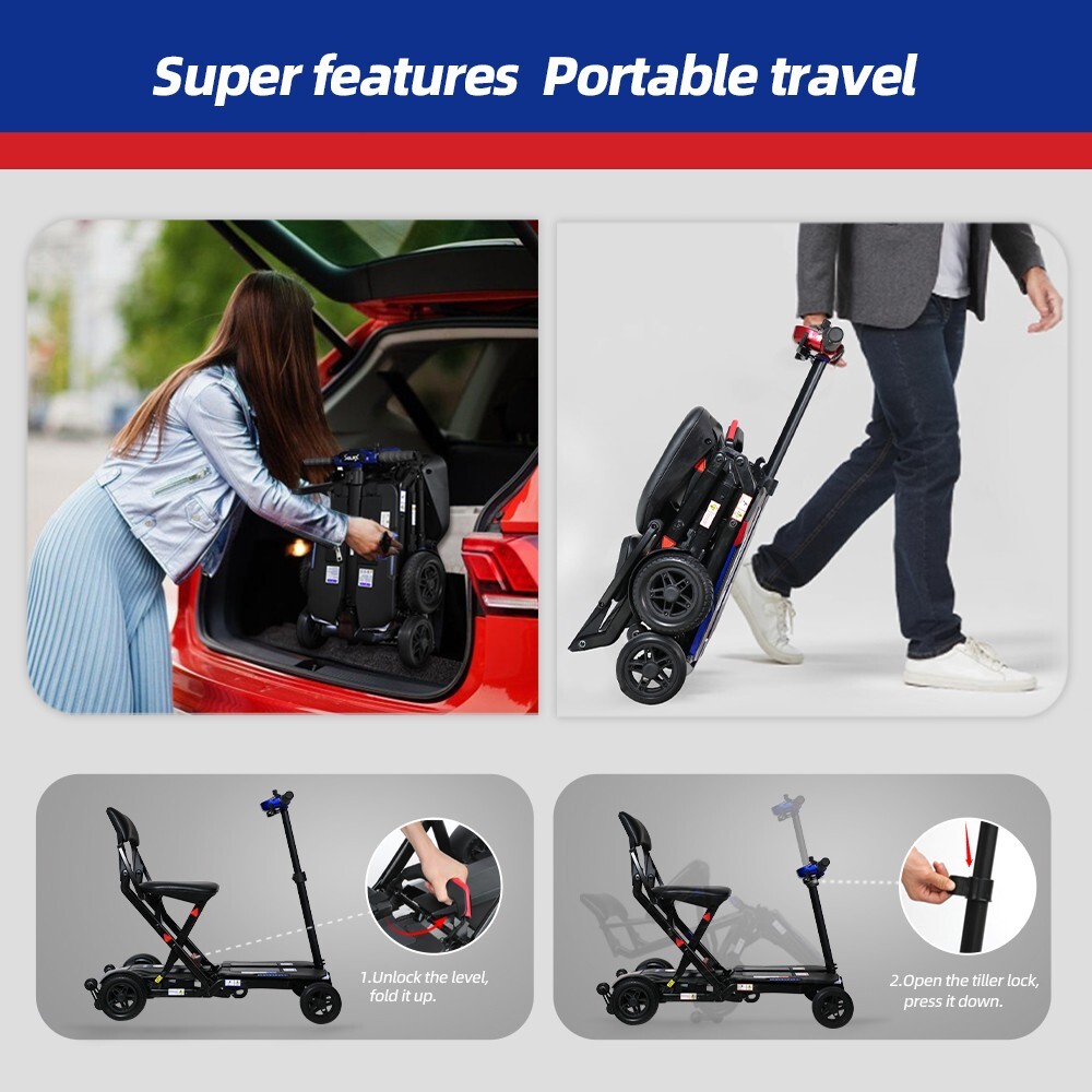 4-Wheel Remote Folding Mobility Scooter NFC USB Suspenion Super lightweight Blue