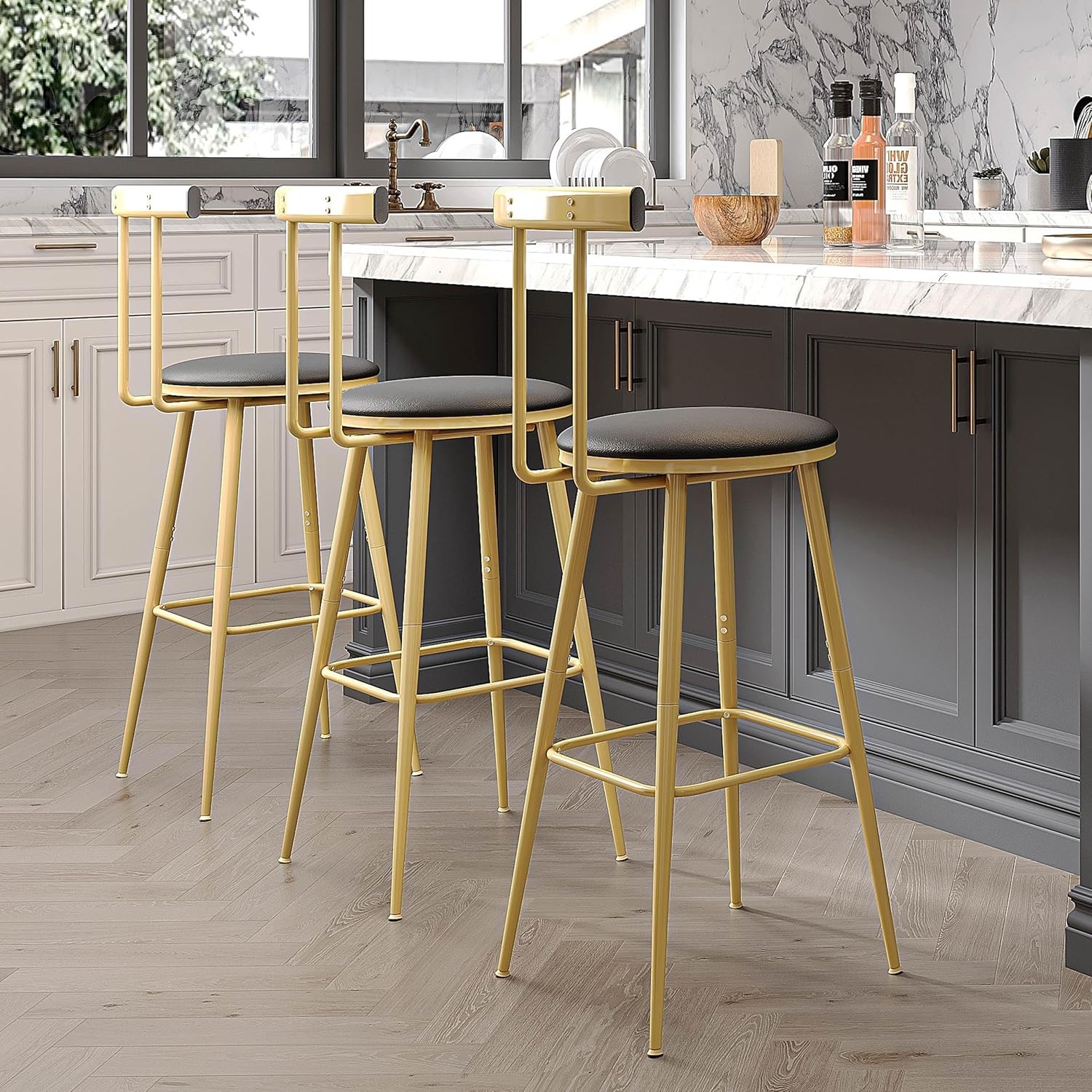 Bar Stools Set of 2 High Kitchen Barstools Bar Chairs W/ Backrest & Footrest