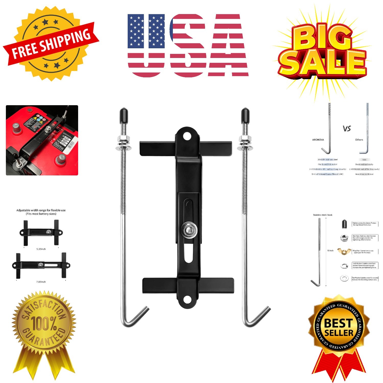 Adjustable Battery Hold Down,Universal Crossbar with 10''length,18-8 304 Stai...