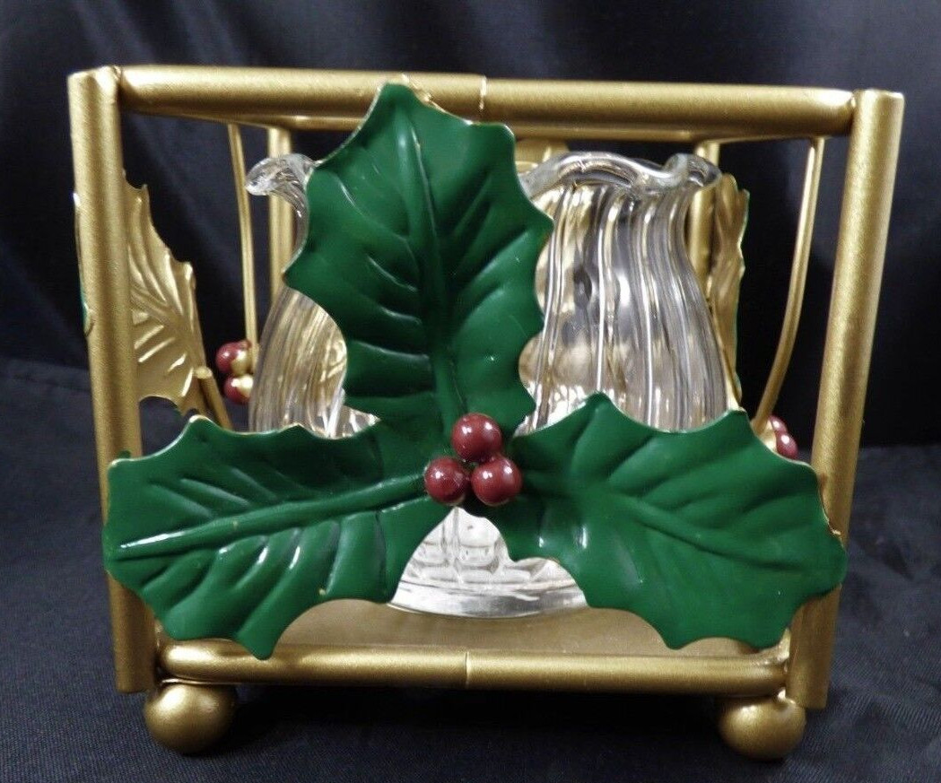 Christmas Holly Berry Candle Holder Gold Metal Indiana Glass Jar Holiday Decor