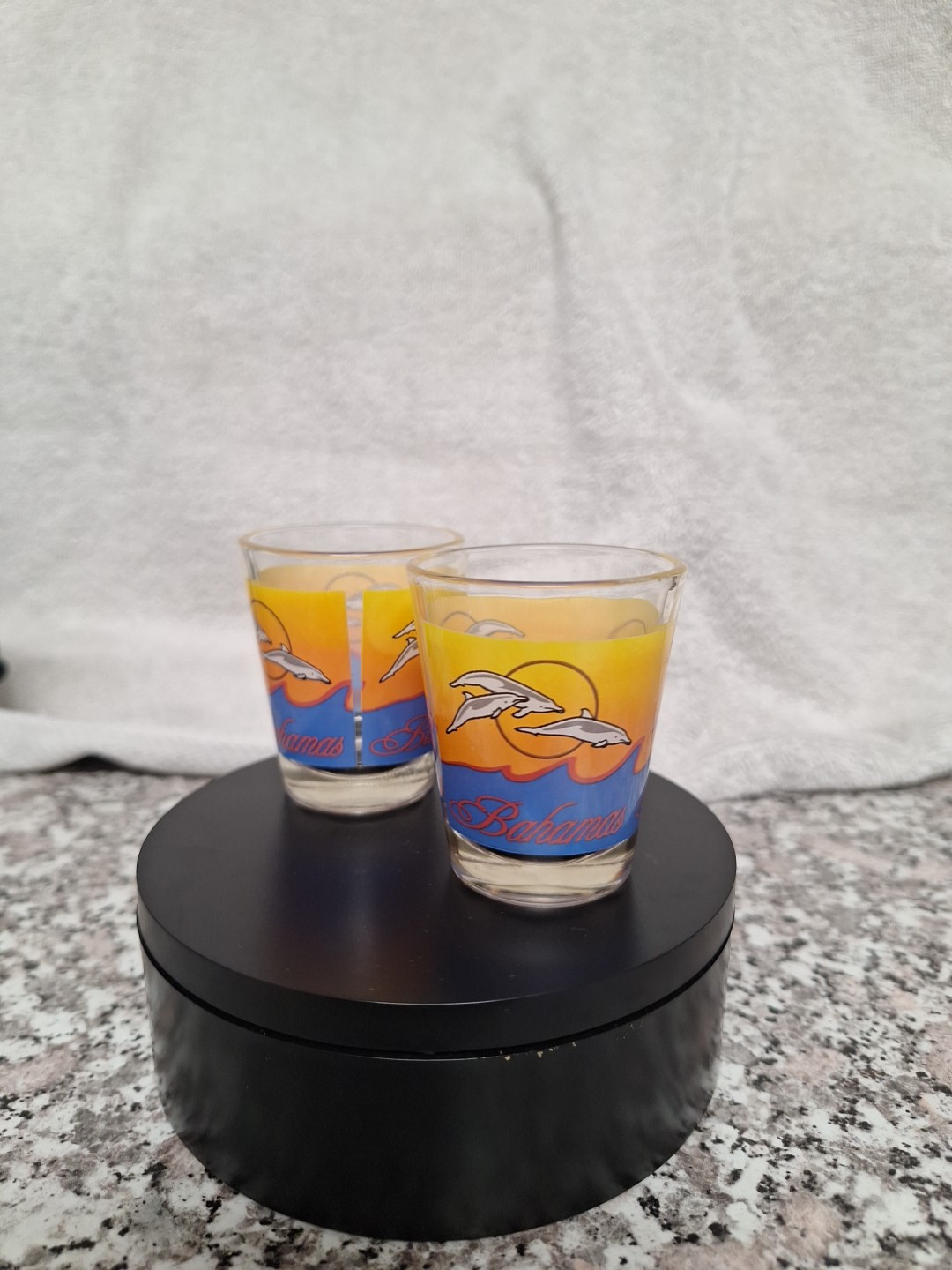 (2) Bahamas Shot Glasses Wih Dolphins And Waves