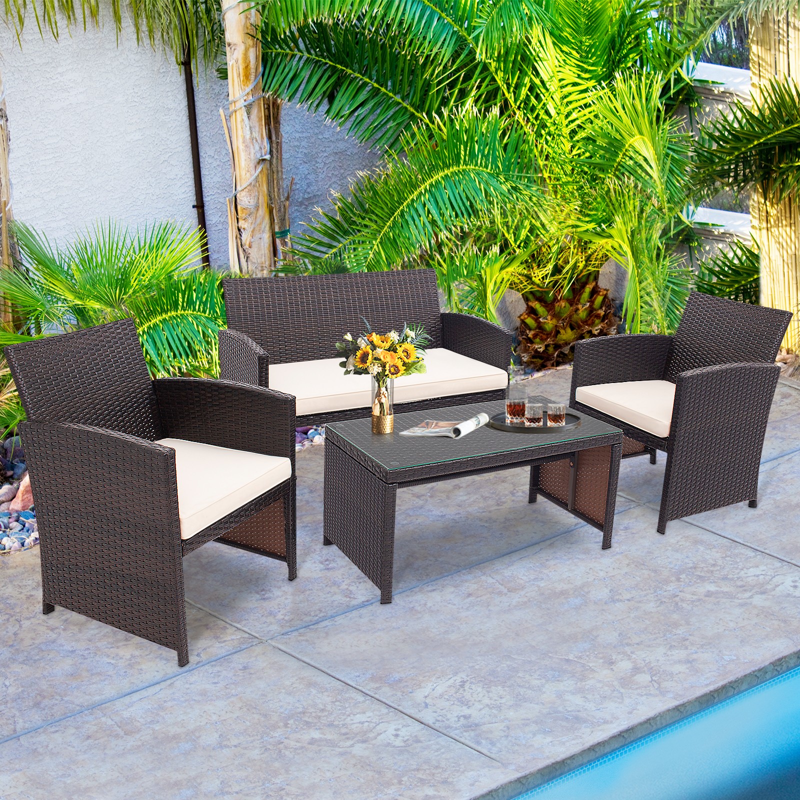 Topbuy 4 PCS Outdoor Patio Furniture Sets Rattan Sofas w/ Soft Cushion White