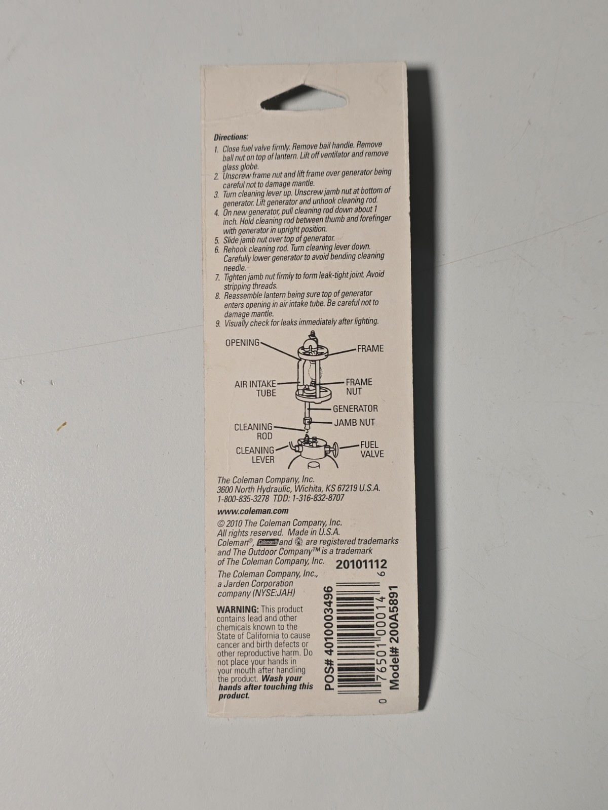 Coleman Lantern Generator Model 200 POS# 4010003496