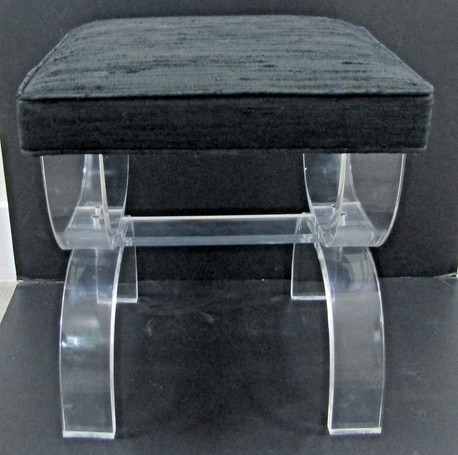 Vintage Lucite and Black Upholstery Thick Curved Legs X-Style Vanity Stool