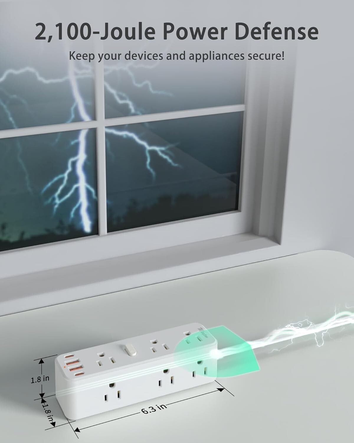 Surge Protector Power Strip with 9 Outlets Extender and 4 USB Ports (2 USB-C)..
