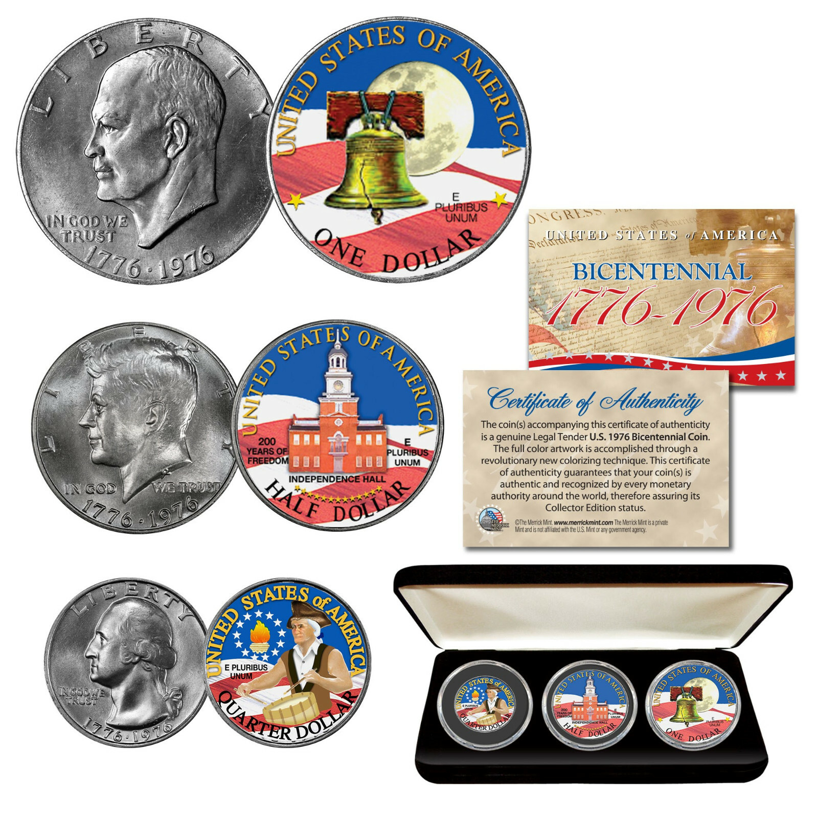 1976 Bicentennial COLORIZED Patriotic 3-Coin Set JFK / IKE / QUARTER with BOX