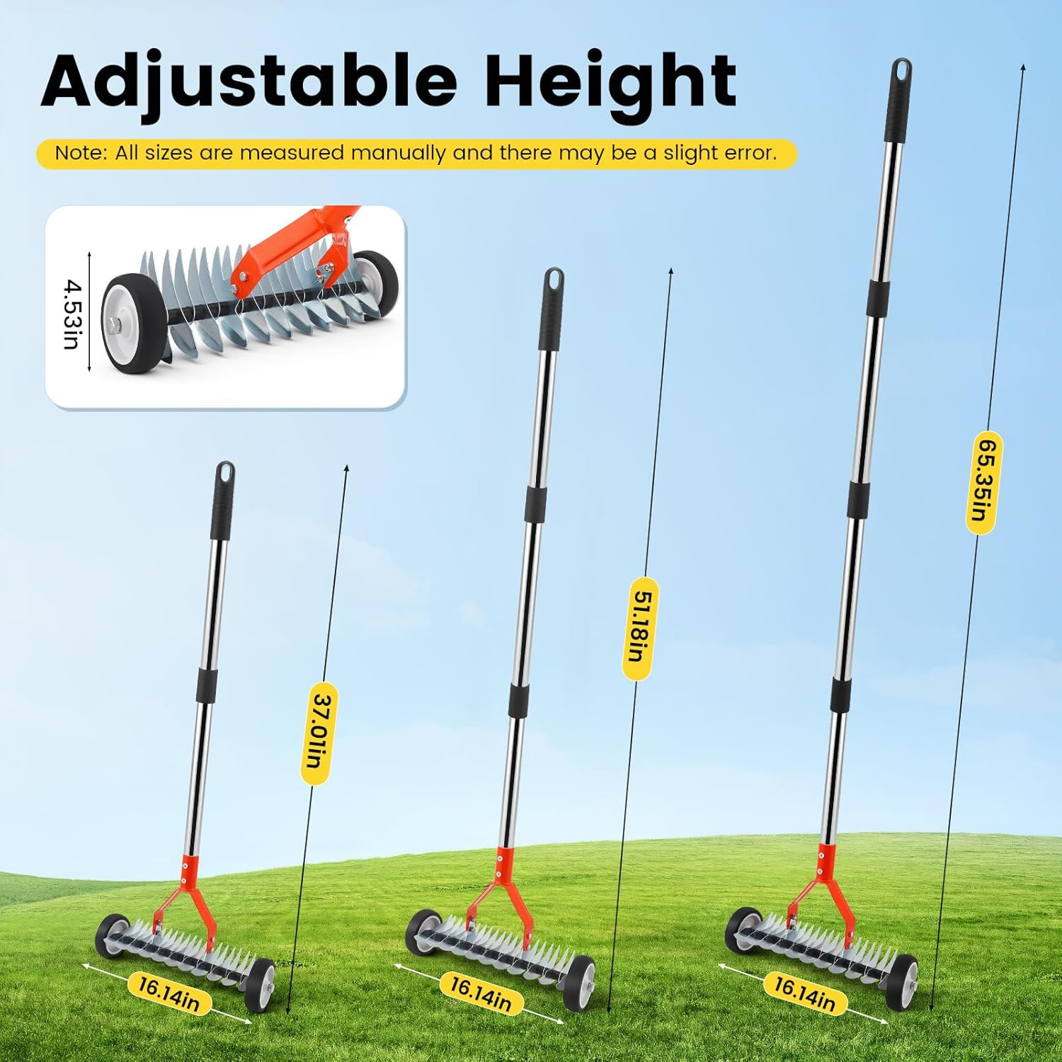 Thatch Rake with Wheels, 37-65.35'' Adjustable Dethatching Roller Rake Adjustabl