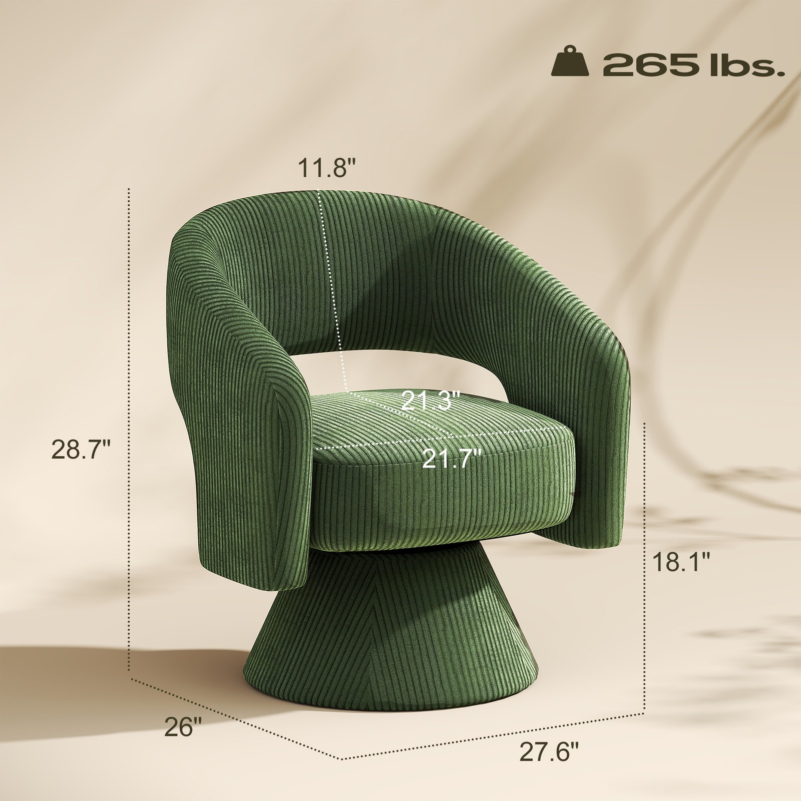 Swivel Barrel Chair, Modern Corduroy Accent Chair with Thick Padding, Green