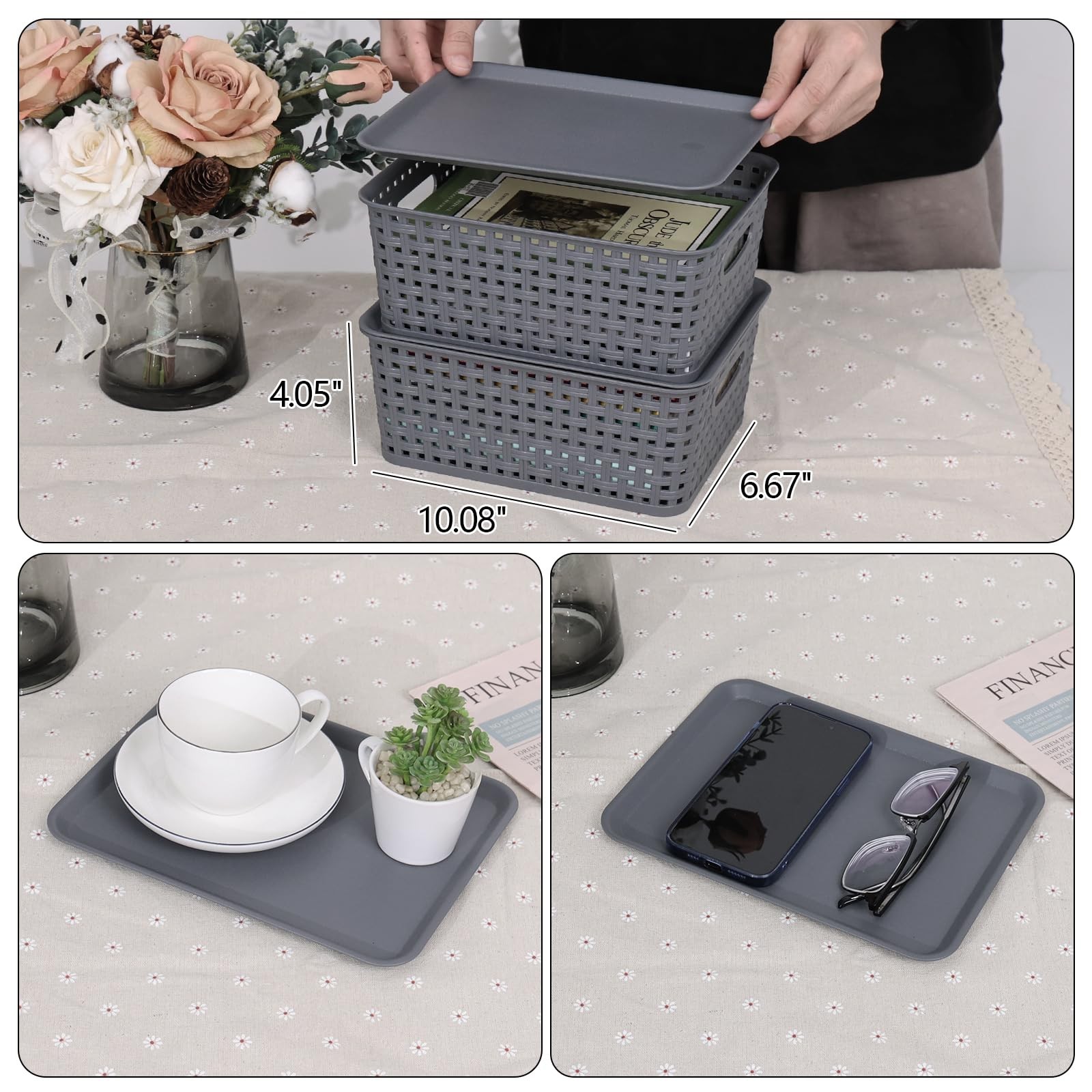 6 PCS Gray Weave Lidded Storage Baskets Matching DustProof Lids Stackable Bin