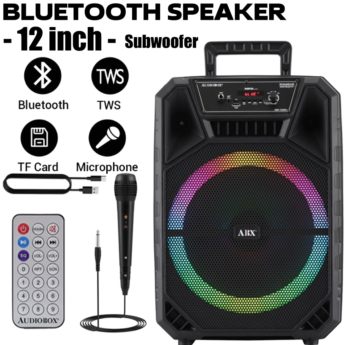 Portable 12" Bluetooth Party Speaker Heavy Bass Subwoofer Loud DJ System w/ Mic