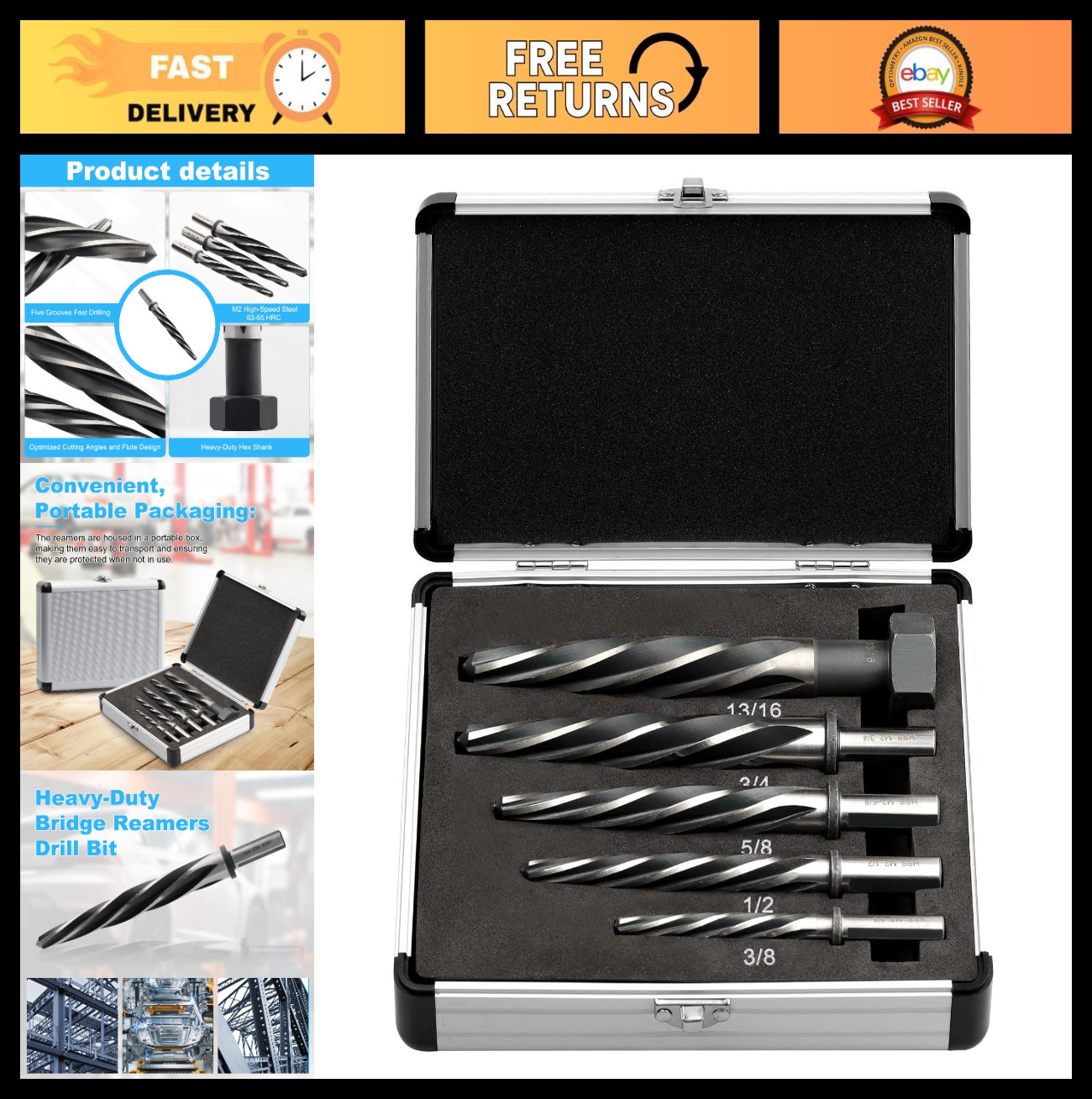5 Pcs Taper Chucking Reamer Bit Set, M2 HSS Drill Bits for Steel, Wood, Plastic