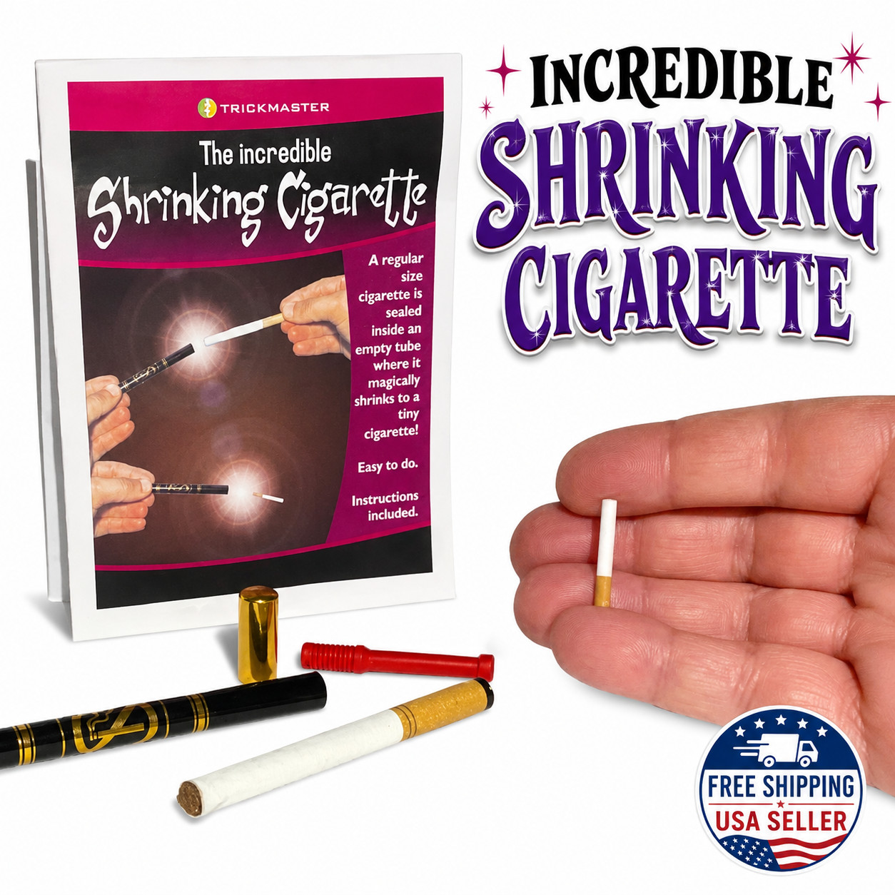 STOP SMOKING CIGARETTE Bar + 3 Magic Tricks Vanishing Tube Mini Shrinking Gag