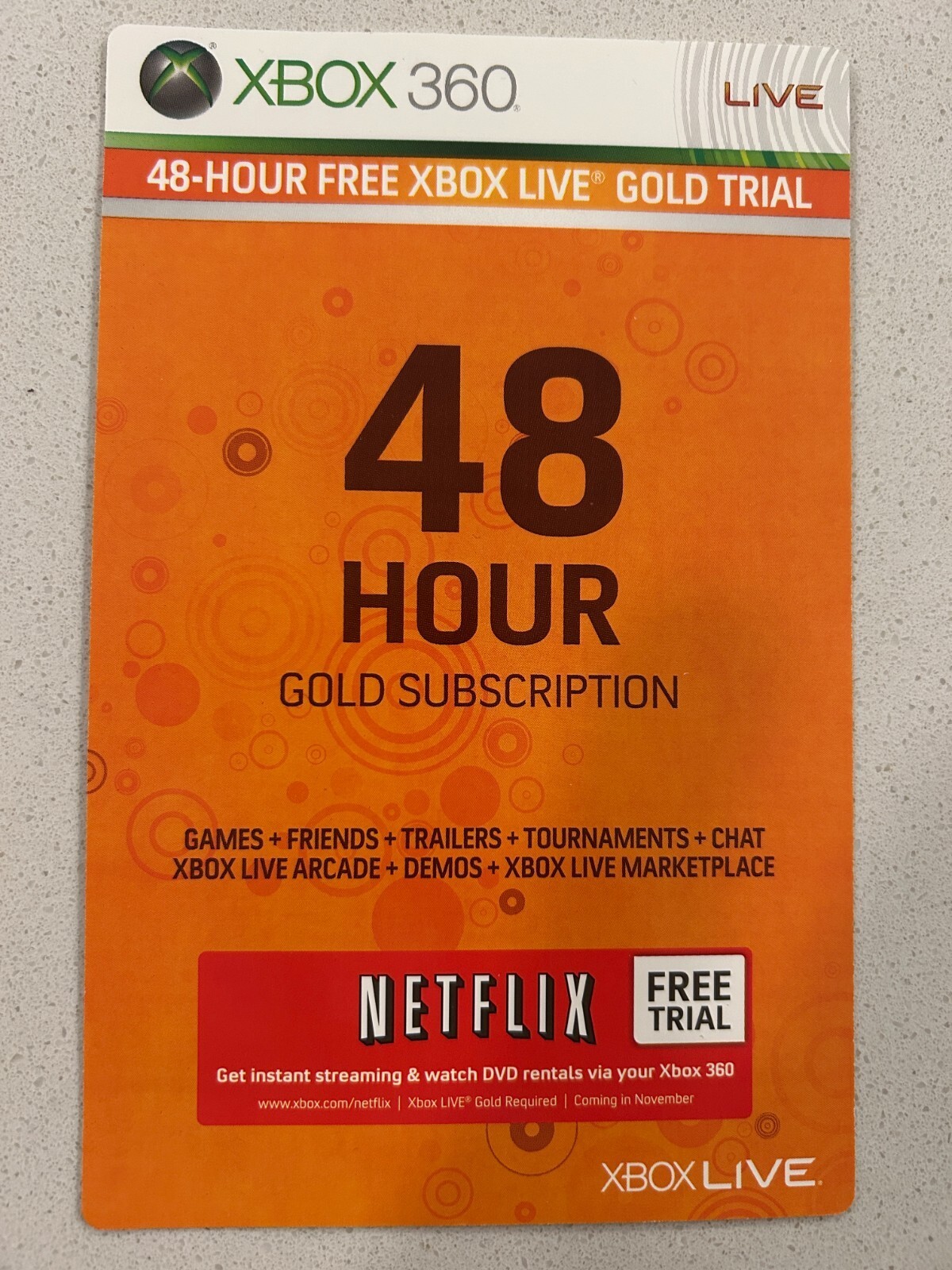 XBOX LIVE GOLD 360 MEMBERSHIP 48 HOUR TRAIL - EXPIRED CARD - FOR COLLECTORS NETF