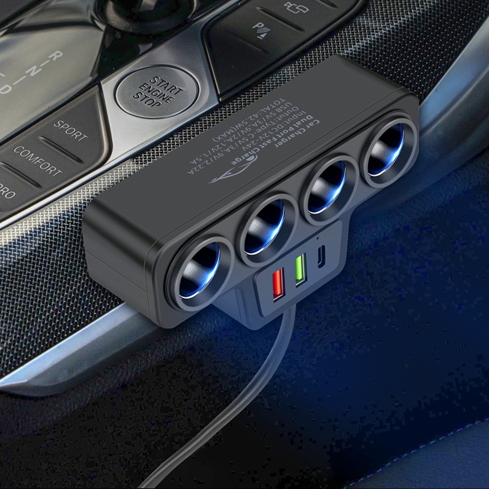 4-Socket Car Cigarette Lighter Splitter USB Fast Charger Power Adapter 12V