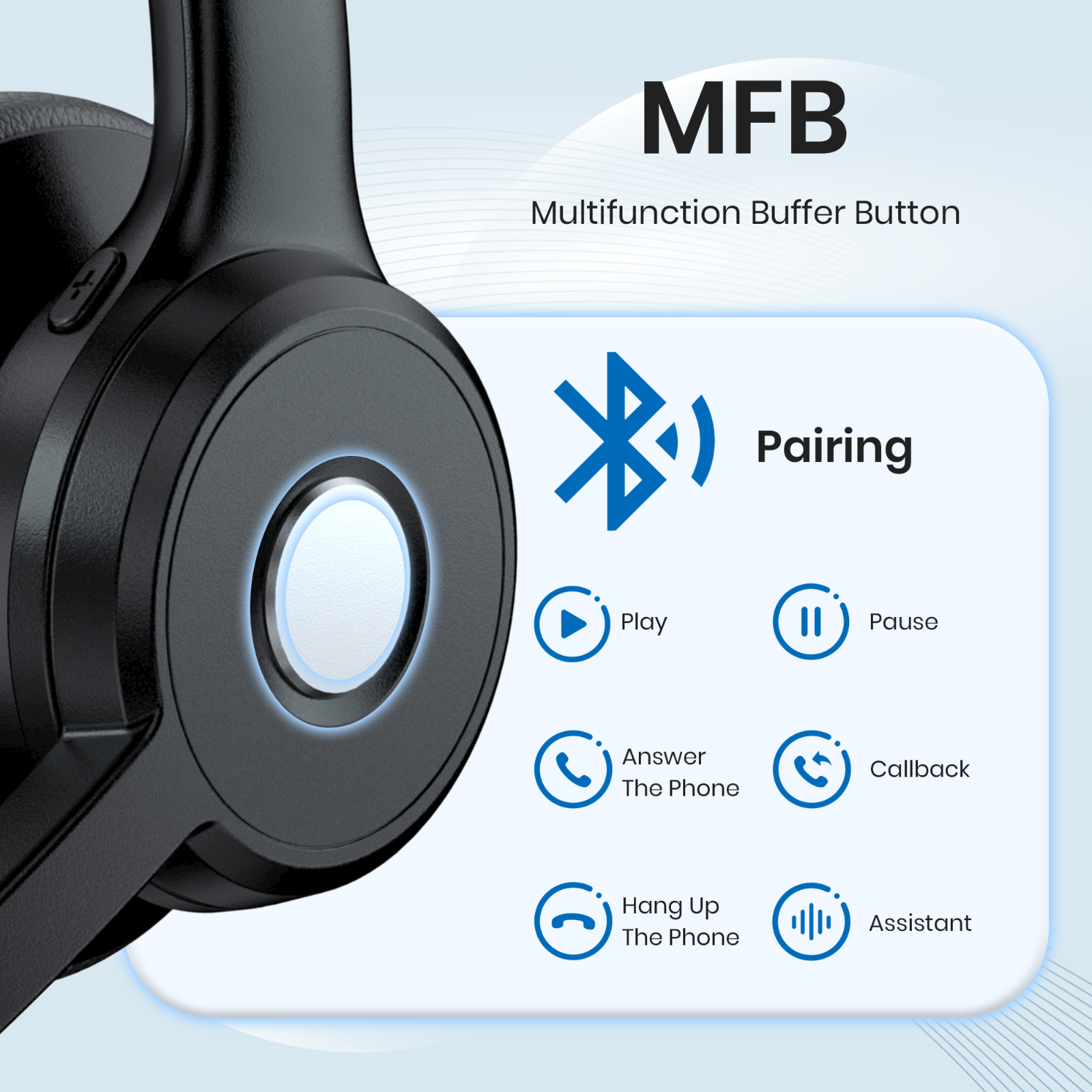 5.2 Bluetooth Headset Trucker Headphone w/Mic for iOS Android Cell Phone Office