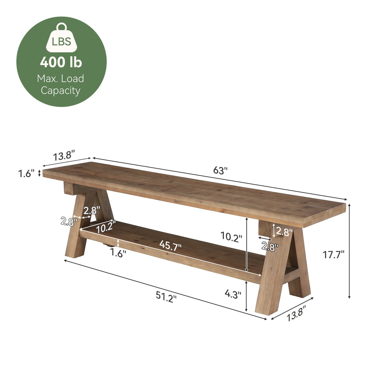 63" Solid Wood Entryway Bench, Dinning Bench with Open Storage for Dining Room
