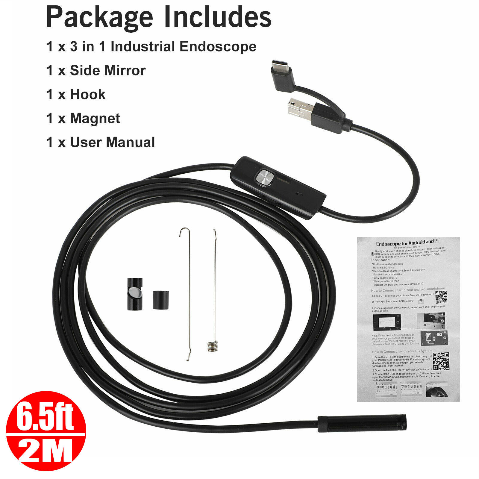 Borescope Endoscope 6 LED Inspection Scope Camera For Android Cell Phone HD 2M