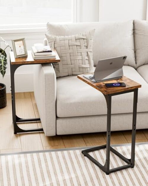 C-Shaped Side Table for Couch - Small 1-Pack Rustic Brown Without Power Outlets