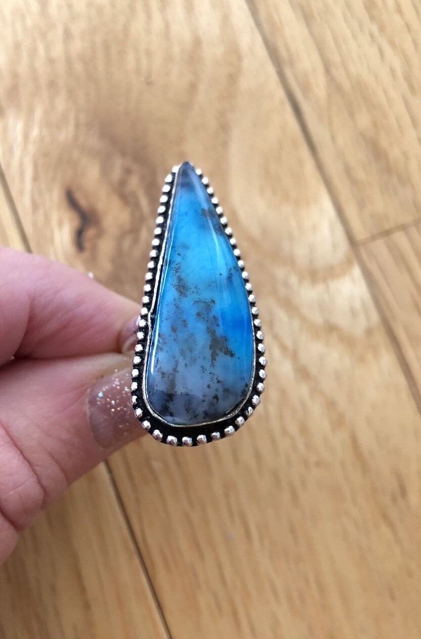 Marine Blue Dendritic Opal Arrow Ring Size 7 Raindrop Design Bezel