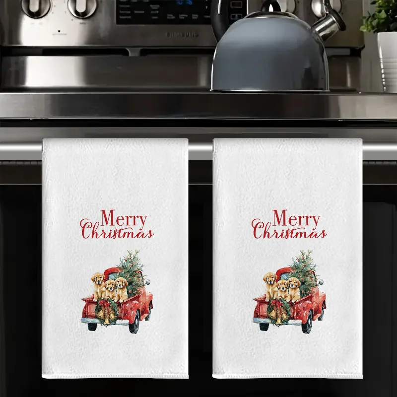 2Pcs, Christmas Red Pickup Truck Cute Dog Kitchen Towels, 40Cm*60Cm Towel Set, S