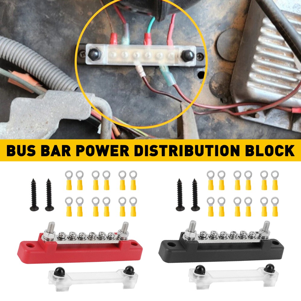 2x 6 Terminal Power Block Bus Bar & Cover 12V Distribution Bus Bar Auto Boat