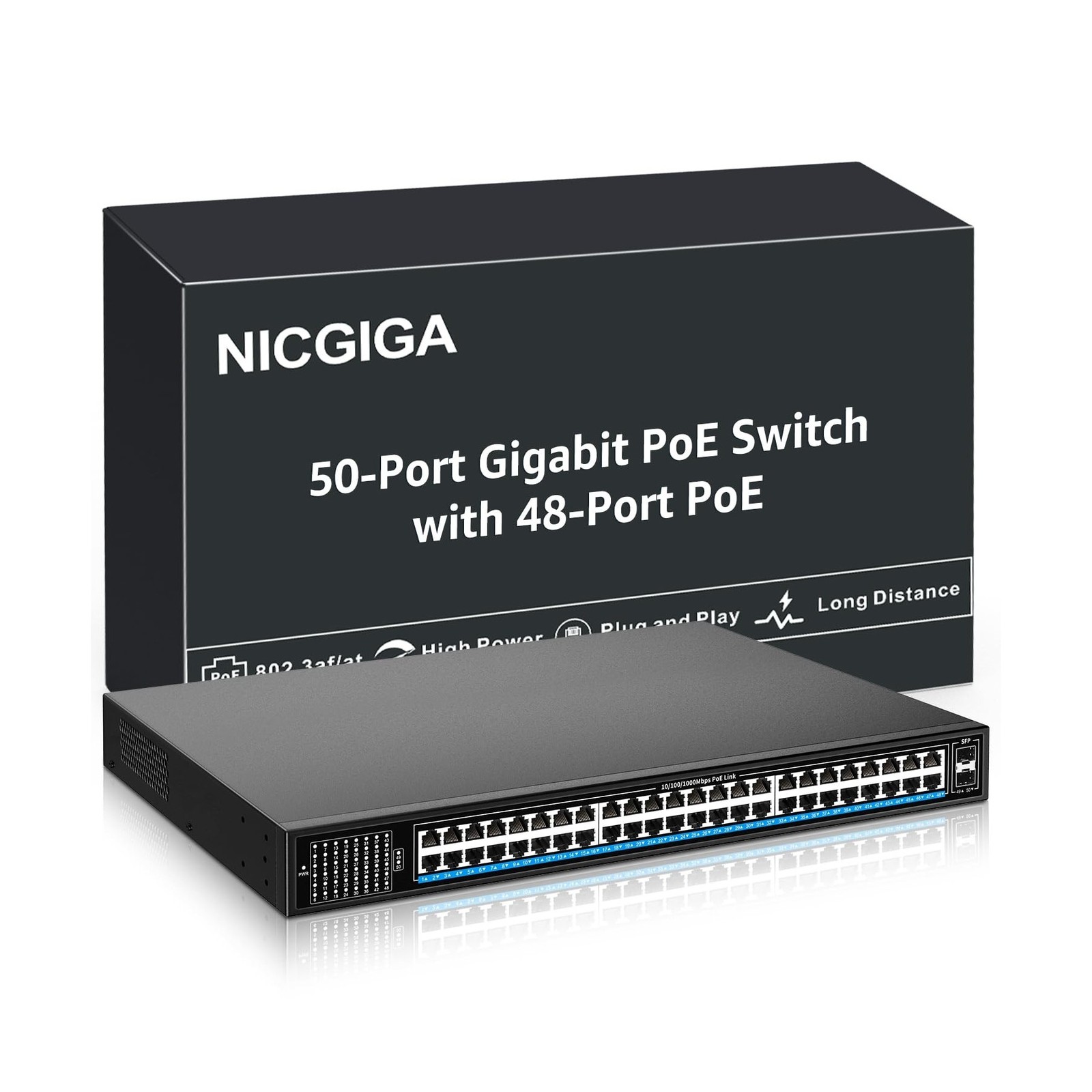 48 Port Gigabit PoE Switch Unmanaged with 48 Port IEEE802.3af/at PoE+@400W, 2...