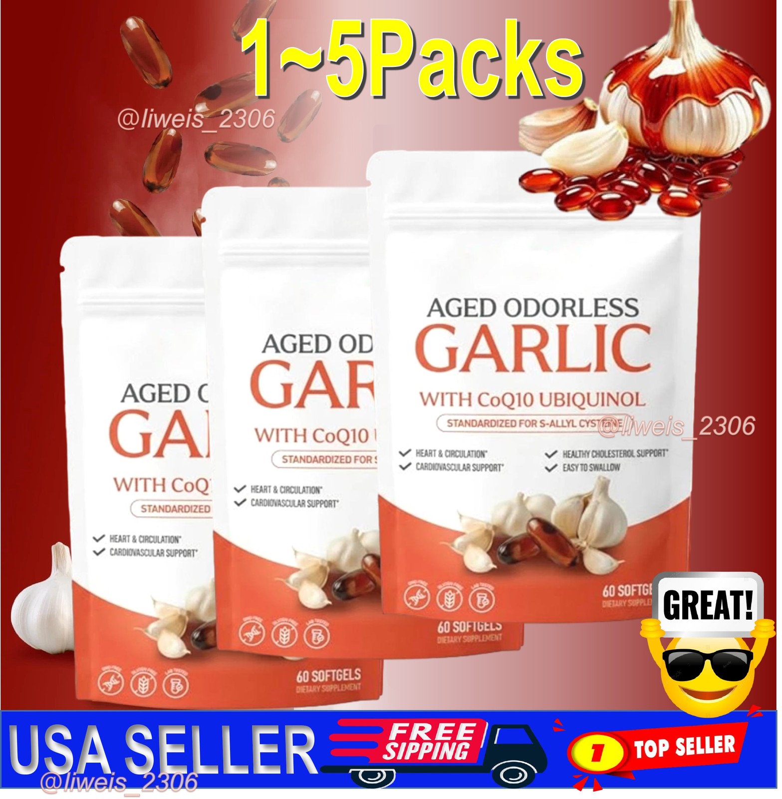 Garlic Extract 600mg Softgels (60 Count) Odorless Aged Garlic Extra USA