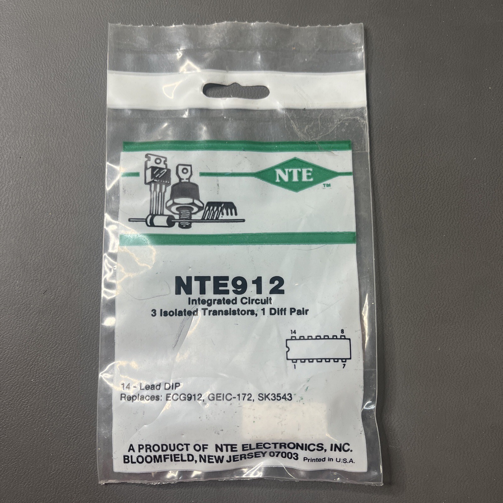 1 Each ~  NTE912 ~  IC ~  3 Isolated Transistors, 1 Diff Pair ~ 14 Pin DIP ~ NOS
