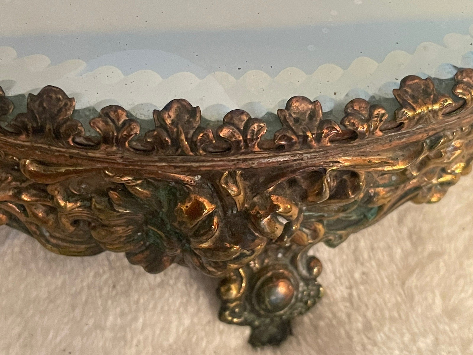 Antique Victorian Dresser Vanity Tray Mirror Brass Flowers Chunky Ornate Footed