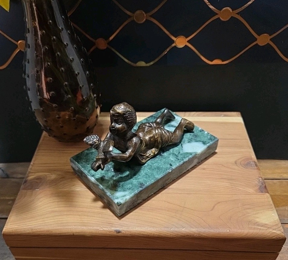 Bronze Boy with Bird on Green Marble Base - Vintage Lovely!