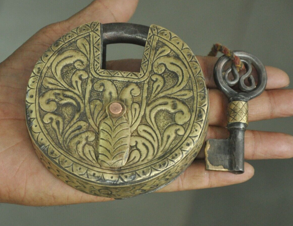 Vintage Iron Round Shape Brass Fitted Handcrafted Padlock