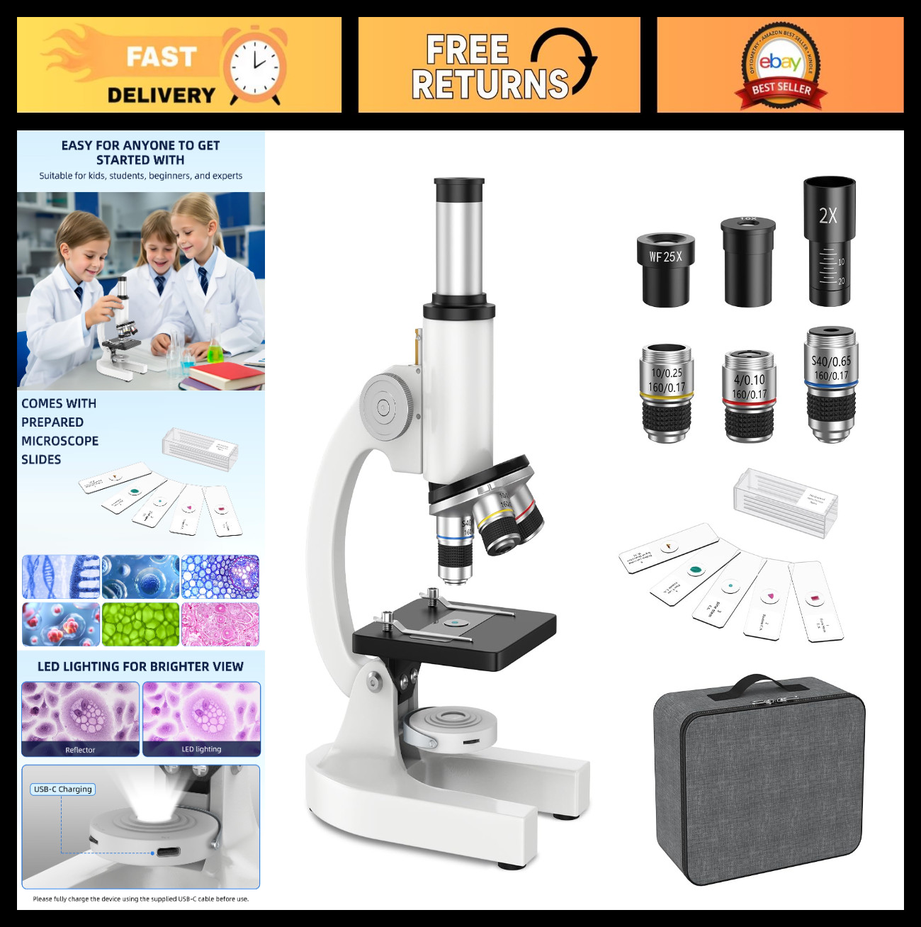 40-2000X Compound Microscope for Kids & Adults - Slide Kit & Storage Case Includ